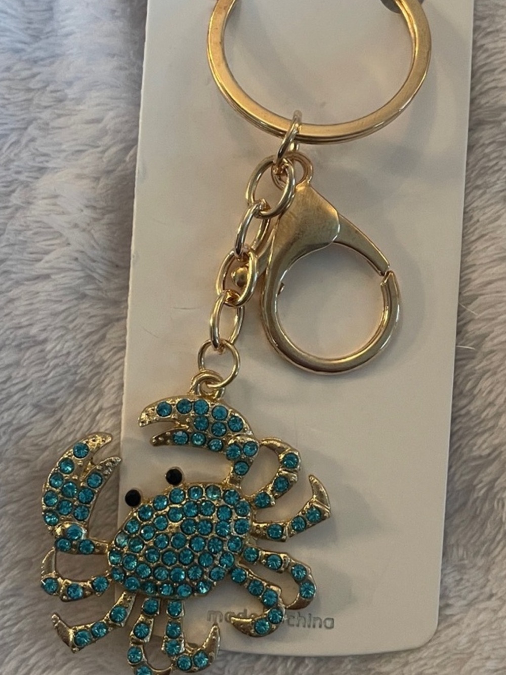 Gold-Tone Crab Keychain with Blue Crystals - Women Accessories